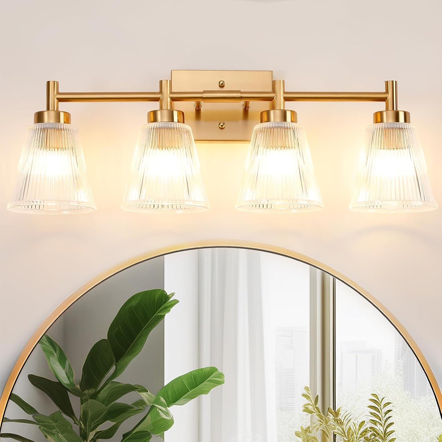 Lámpara baño 4 luces dorada con pantalla vidrio rayas