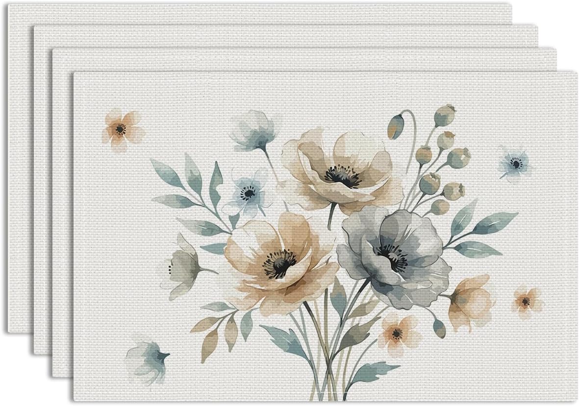 Set 4 manteles lino estampado amapola neutra antideslizante