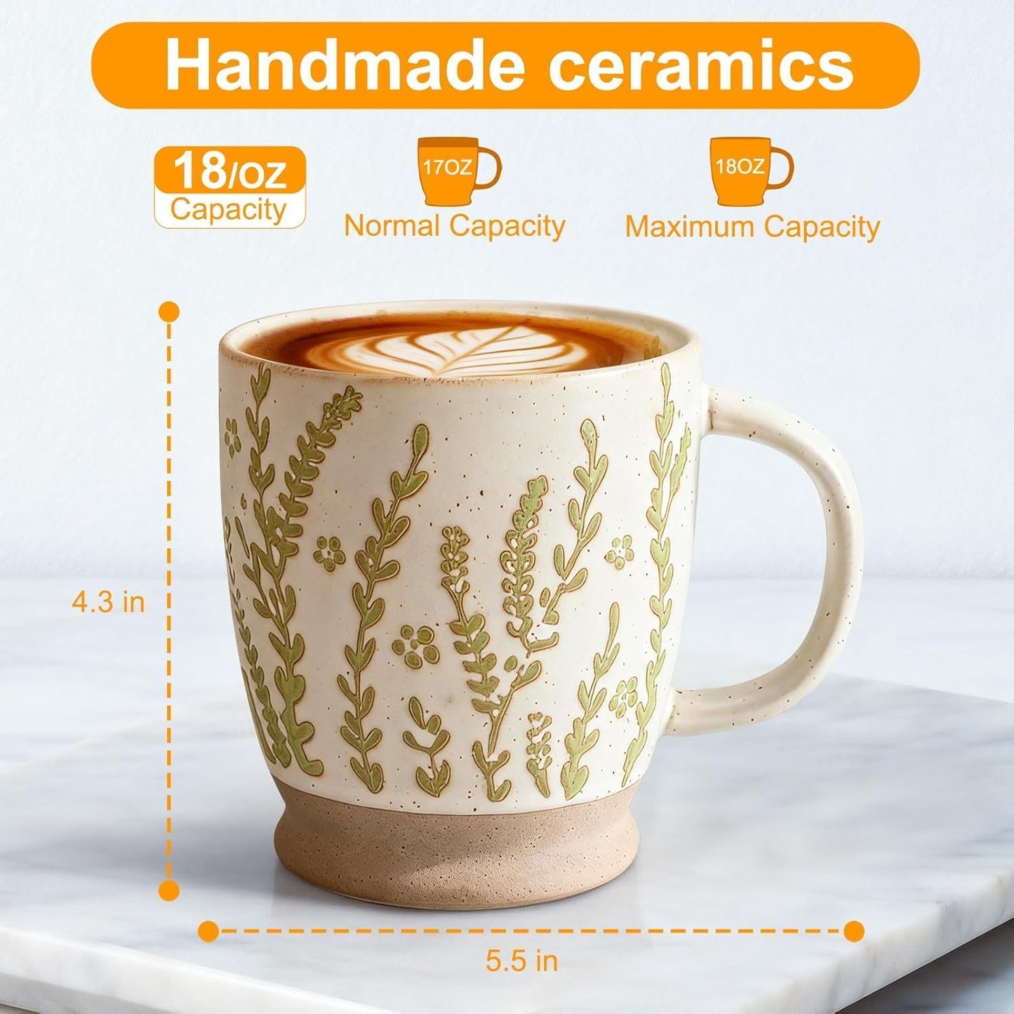 Taza de café grande con patrón de hierba marina vintage de gres