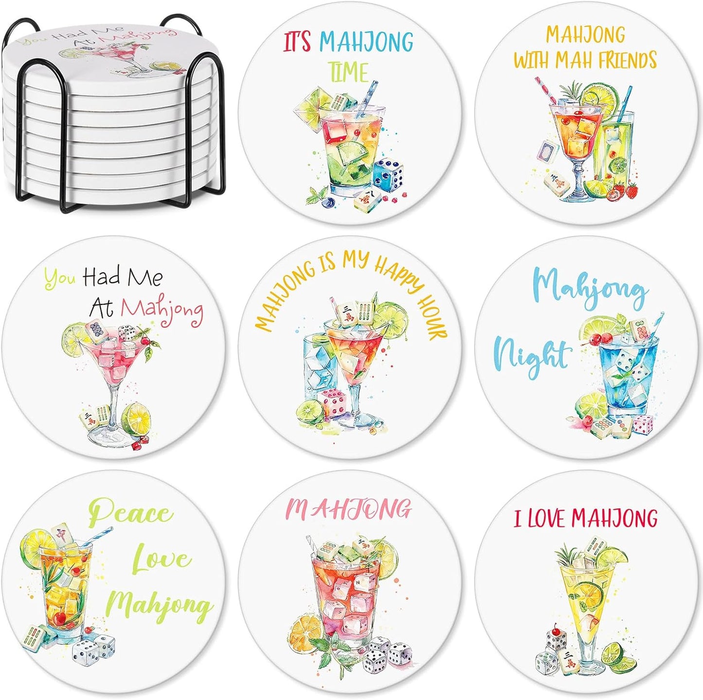 Juego de 8 cojines para bebidas cerámicos con soporte Mahjong Patelai para cocina y salón