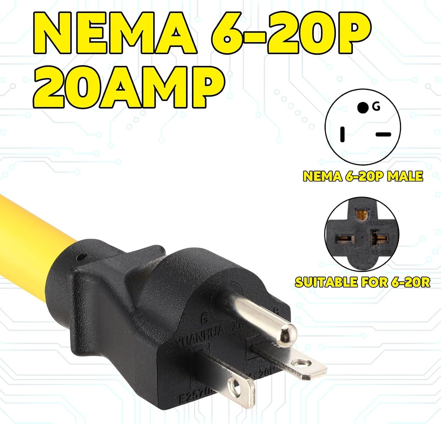 Cable extensión Nema 6-20 25ft enchufe macho a hembra 20A