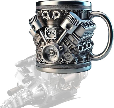 Taza de café con motor V8 de acero inoxidable retro