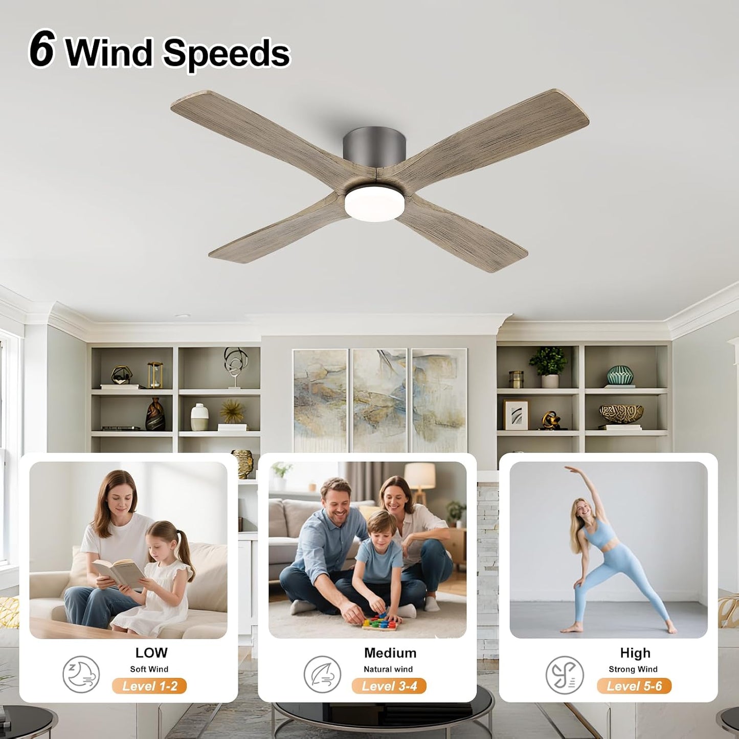 Ventilador techo 48pulg luces 6 vel 4 cuchillas madera motor CC