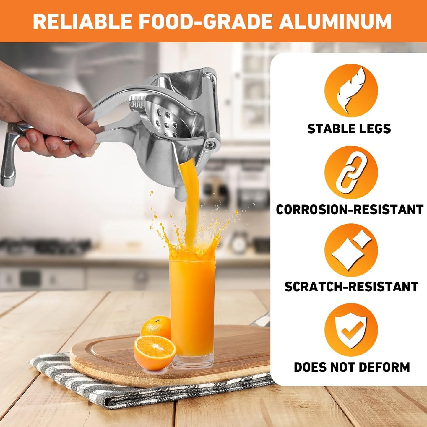 Exprimidor de frutas de aluminio sin BPA con agarre ergonómico