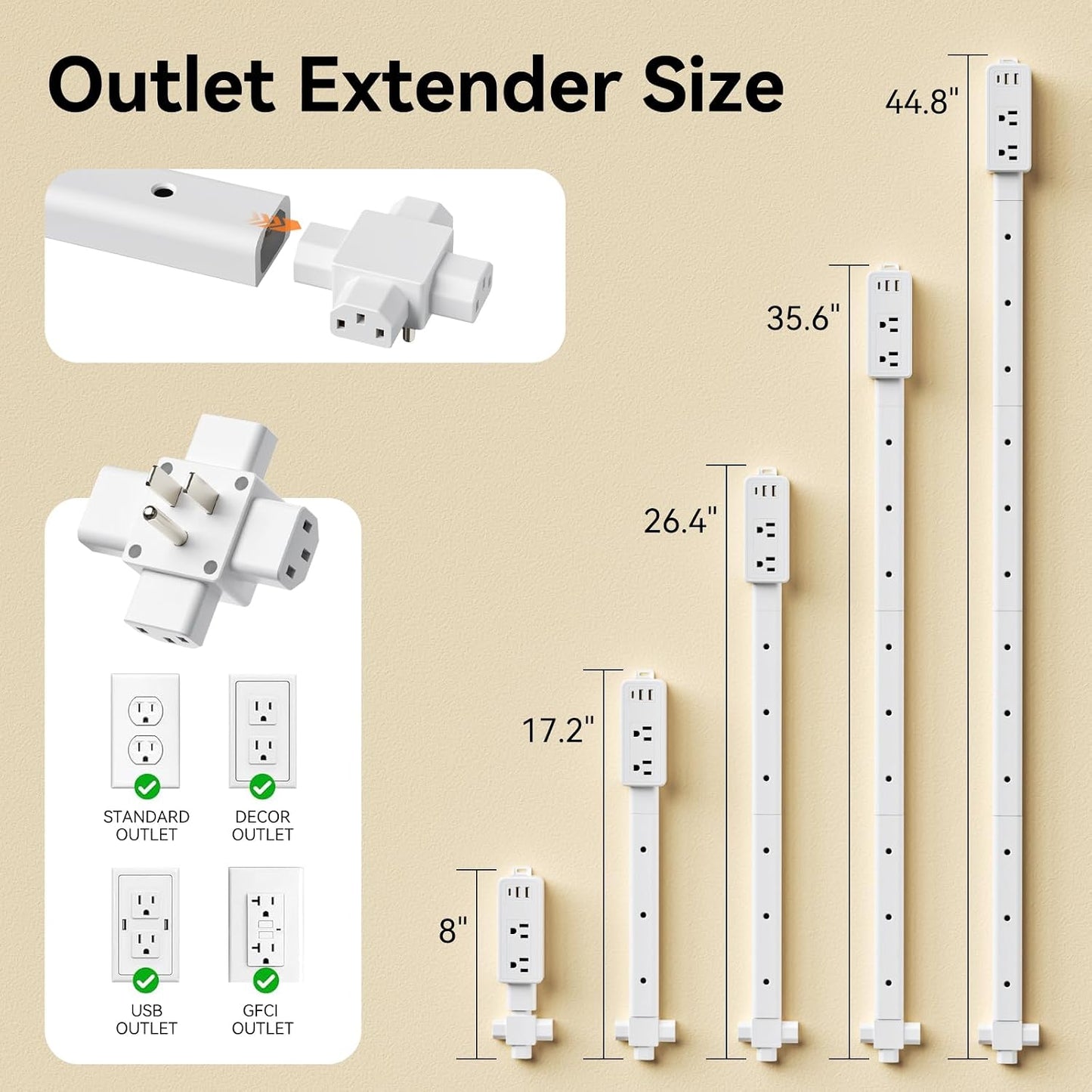 Barra extensora salida USB-A USB-C CA 8-44pulg enchufe 4 vías