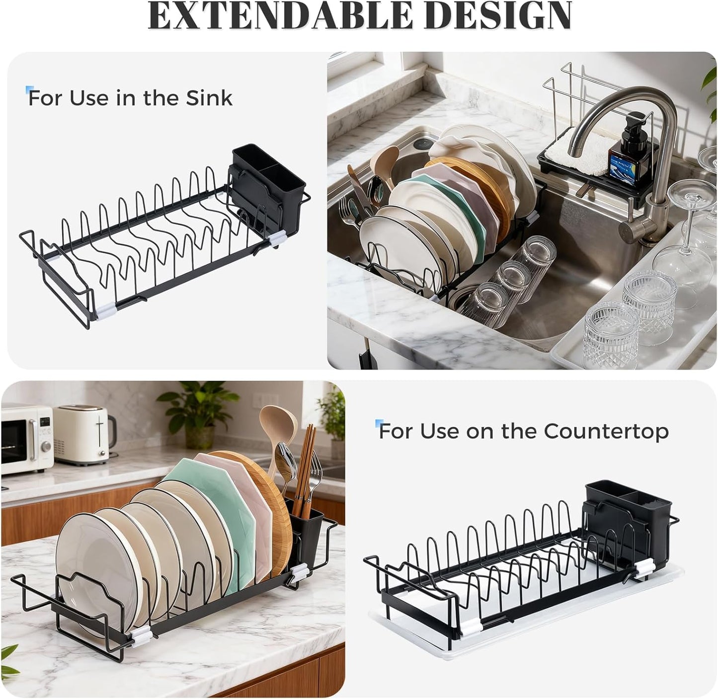 Escurridor de platos expandible de acero inoxidable con tabla de drenaje