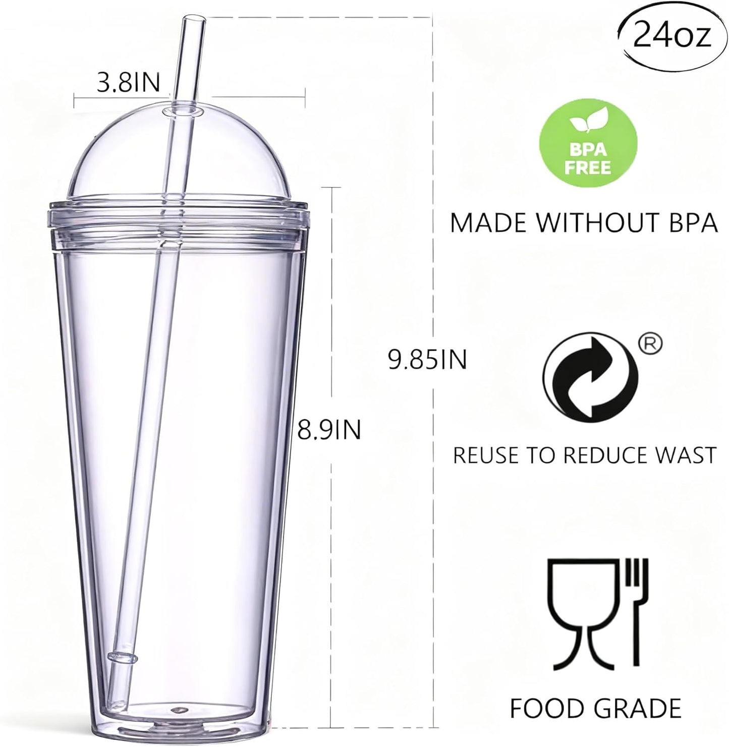Vaso de plástico reutilizable con popote a prueba de fugas 24 oz