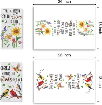 Juego de 2 paños de cocina con diseño de pájaros y flores cristianos, versículo bíblico Mt 6:26