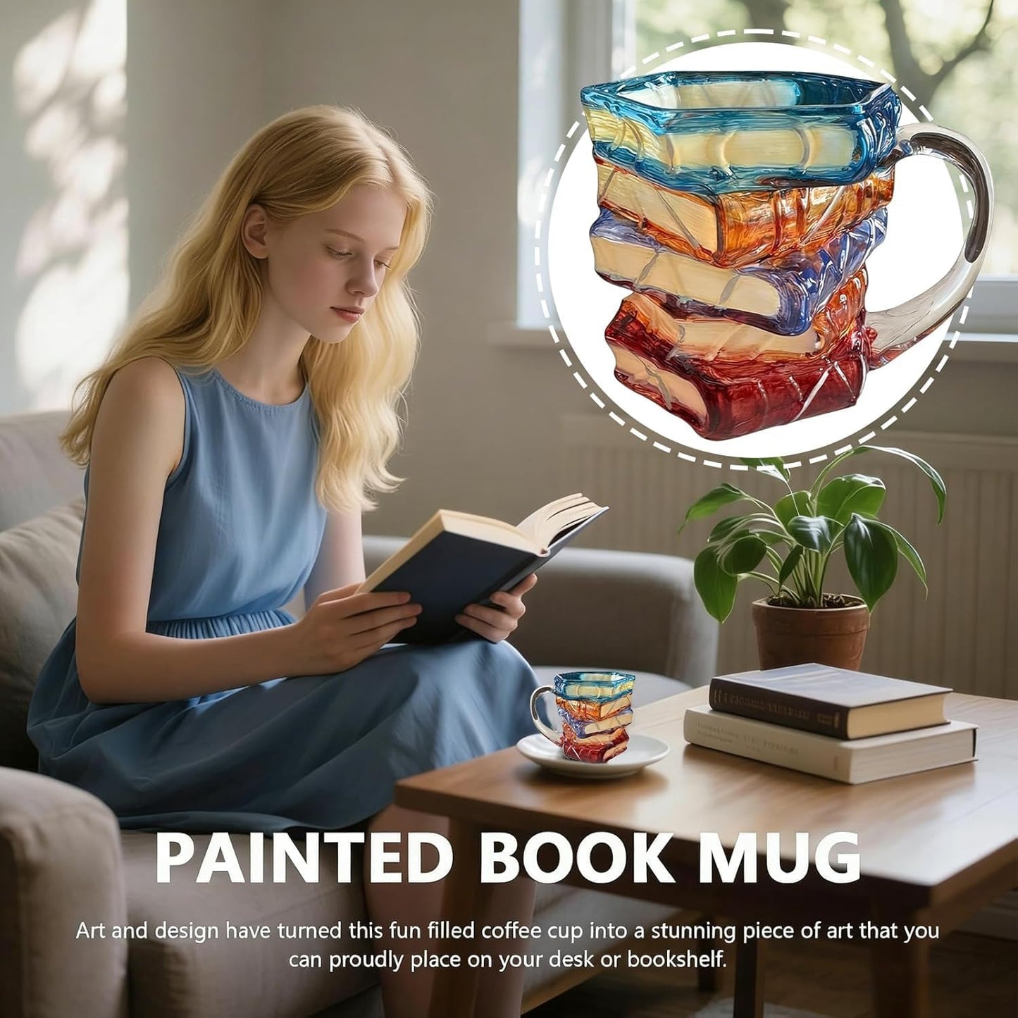 Taza de café pintada en 3D con diseños de libros apilados