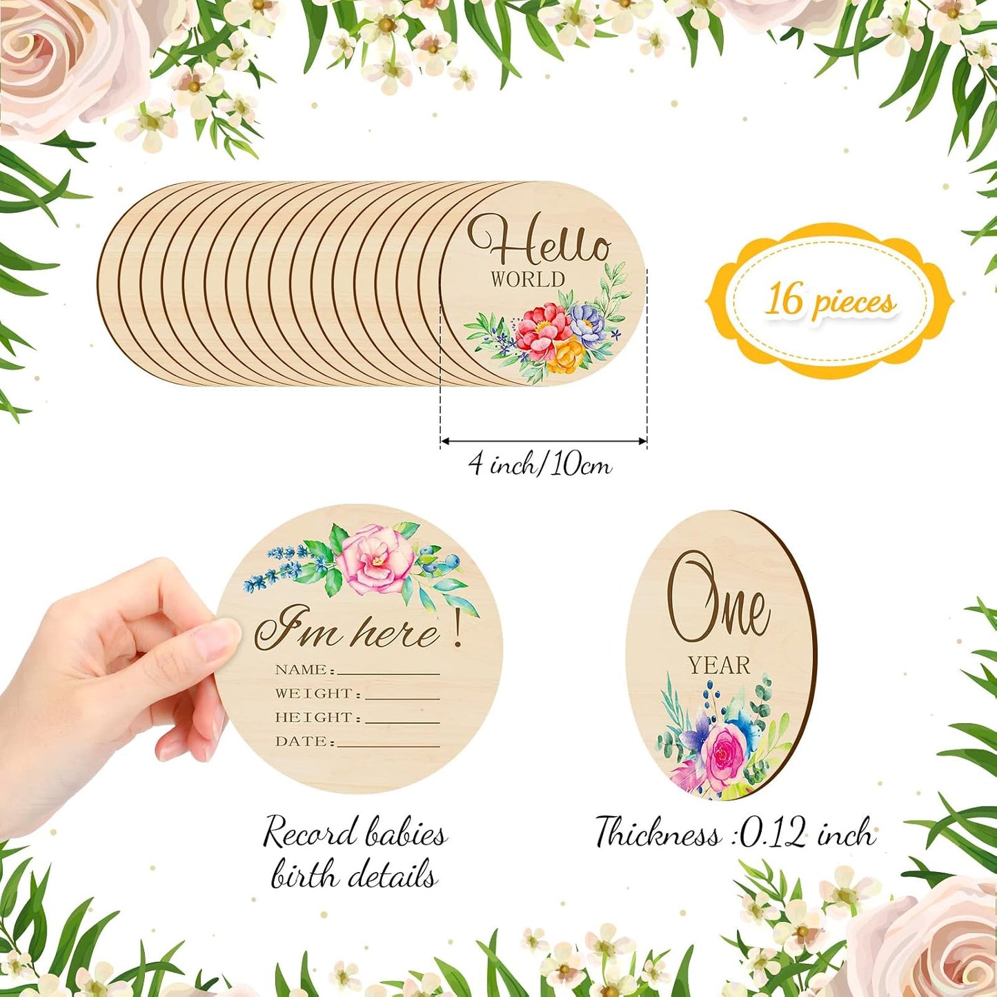 16 Tarjetas Madera Meses Bebé Círculos Doble Cara Baby Shower