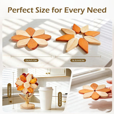 Trivetas de madera para platos calientes en forma de girasol, set de 5, decoración rústica para cocina