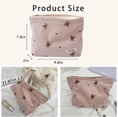 Bolsa maquillaje pana suave con cremallera rosa para mujer y niña