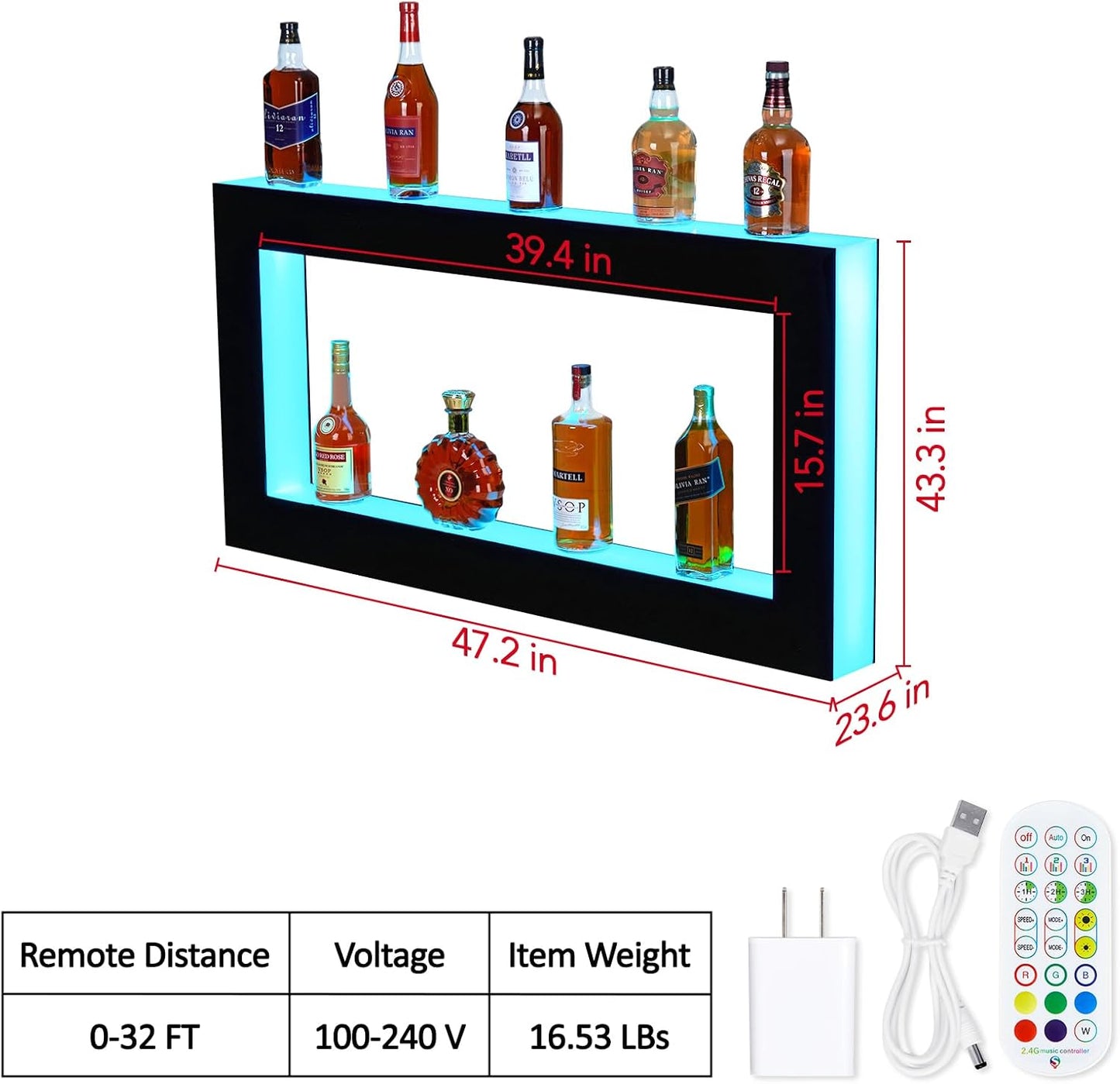 Estante luz LED botellas licor 48pulg acrílico 2 niveles