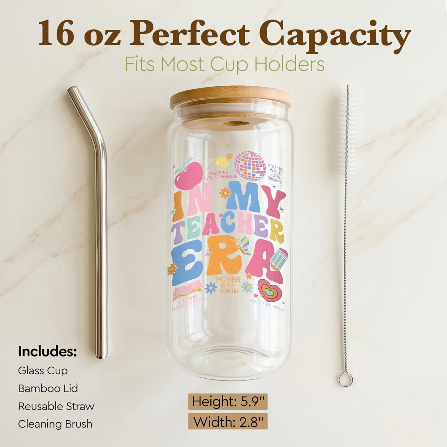 Vaso de 16 oz con tapa y pajilla para regalo a maestras