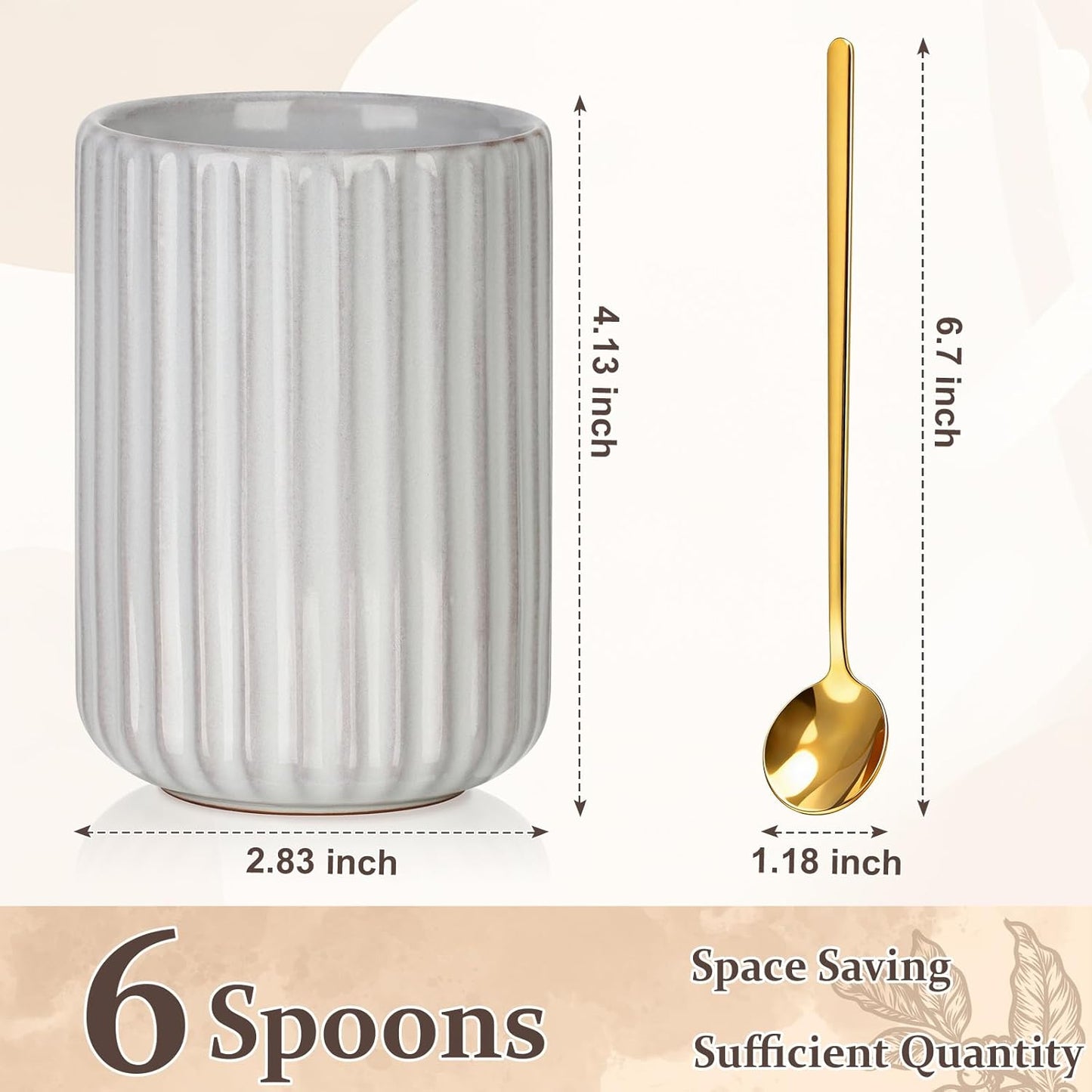 Juego de 6 cucharas de café doradas con soporte para cerámica a rayas