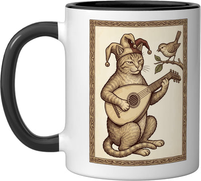 Taza Cerámica Arte Iluminado Gato Bardo Medievo Negro/Blanco