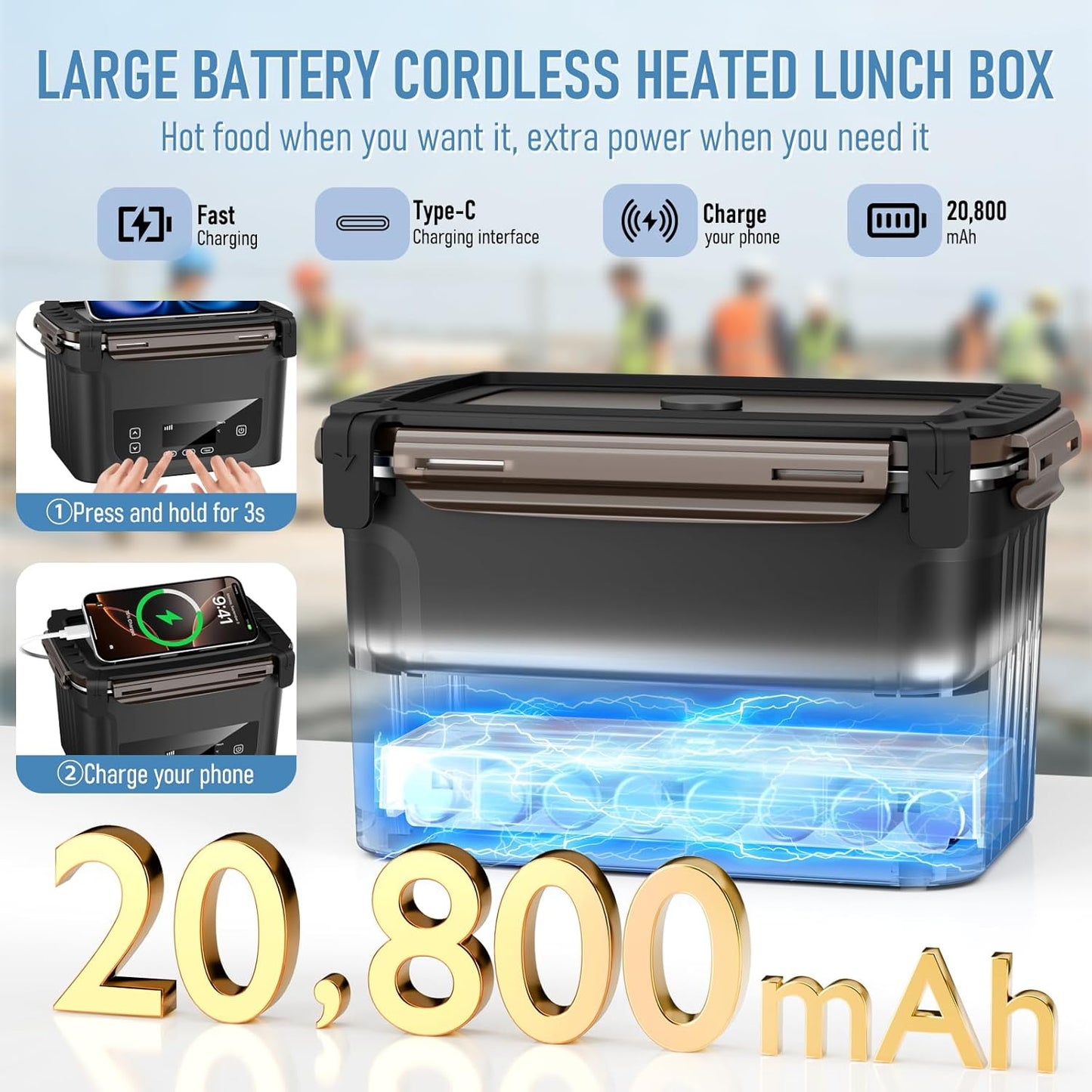 Fiambrera eléctrica inalámbrica XL 6.3 tazas recargable 20800mAh