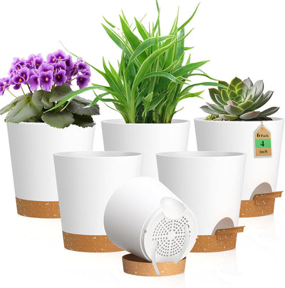 Macetas riego automático 4pulg plástico 6 pzas con platillos