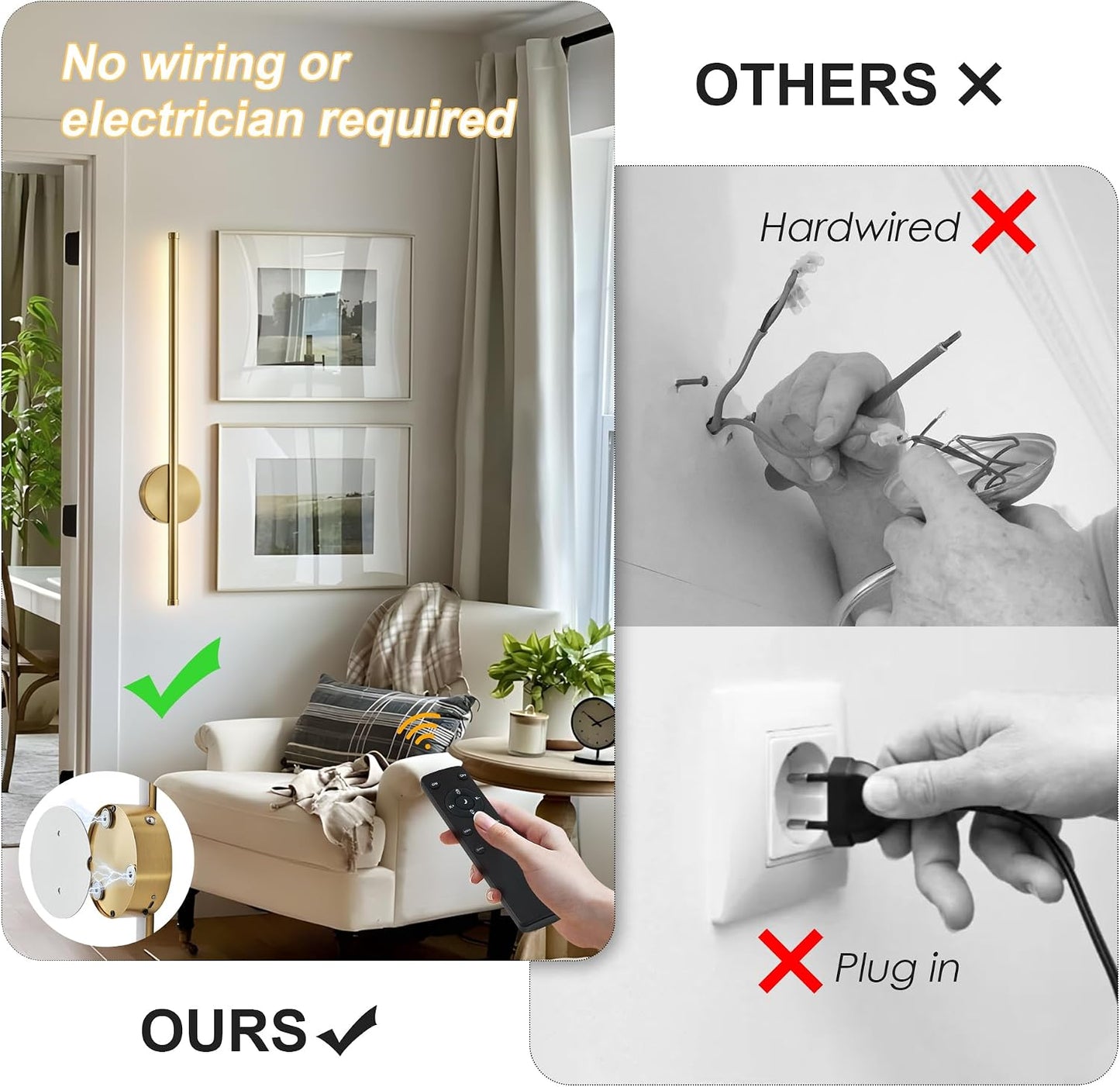 Apliques pared inalámbricos recargables con control remoto 3CCT