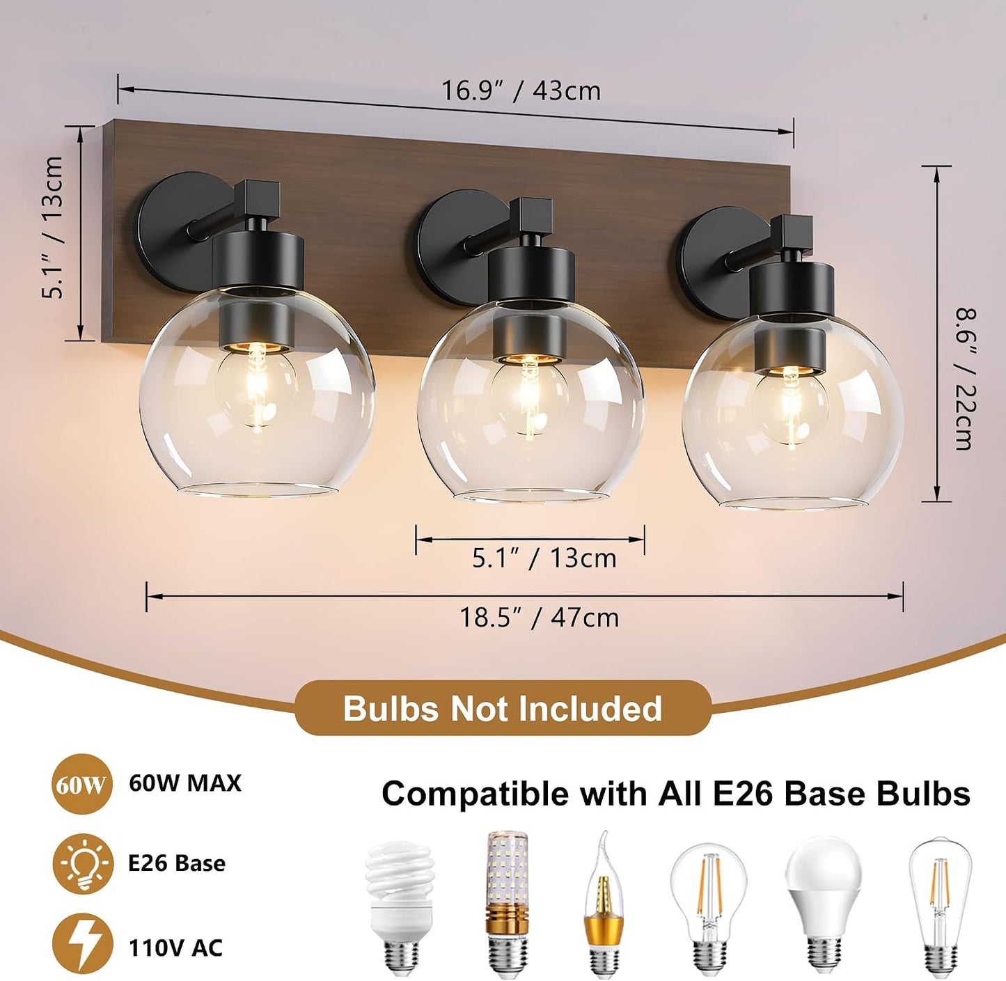 Lámpara tocador baño madera negra 3 luces vidrio