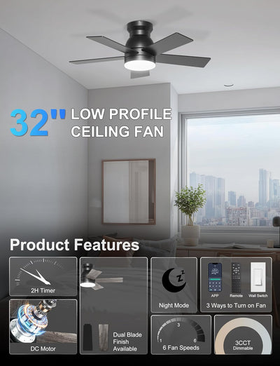 Ventilador techo 32pulg luz motor CC silencioso pasillo armario