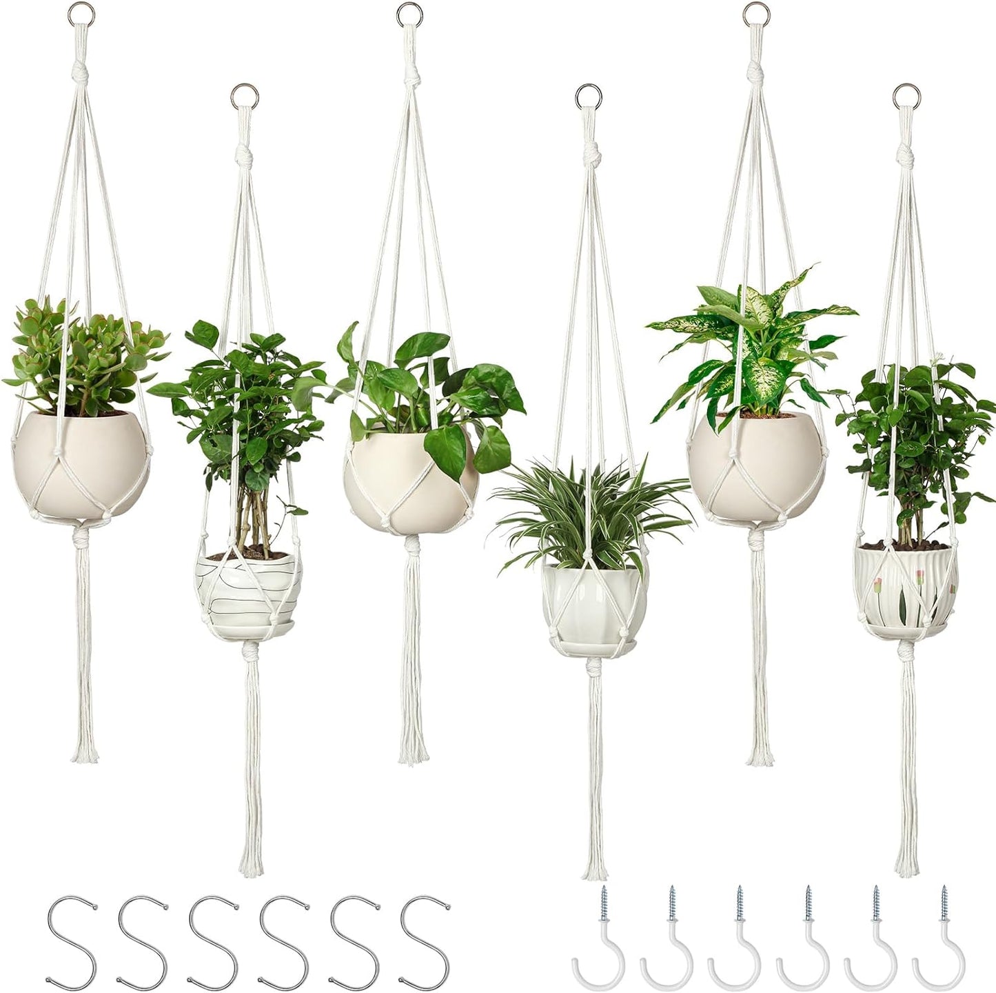 6 Colgadores Macramé para Plantas Interiores con Ganchos y Clavos