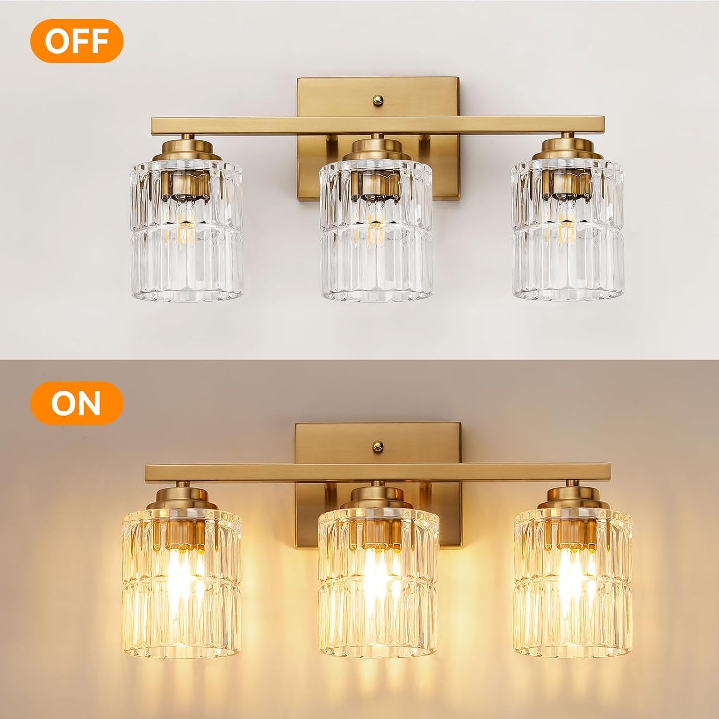 Lámpara baño 19pulg 3 luces oro cepillado pantalla vidrio ancho