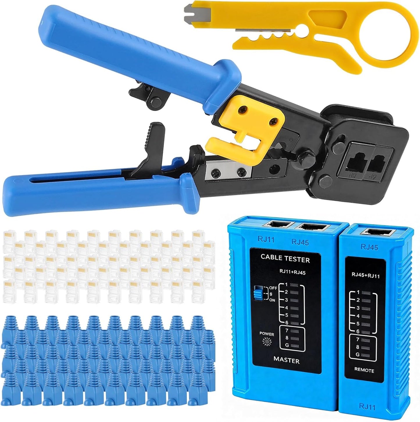 Kit herramientas crimpado RJ45 Cat5e Cat6 con conectores y probador