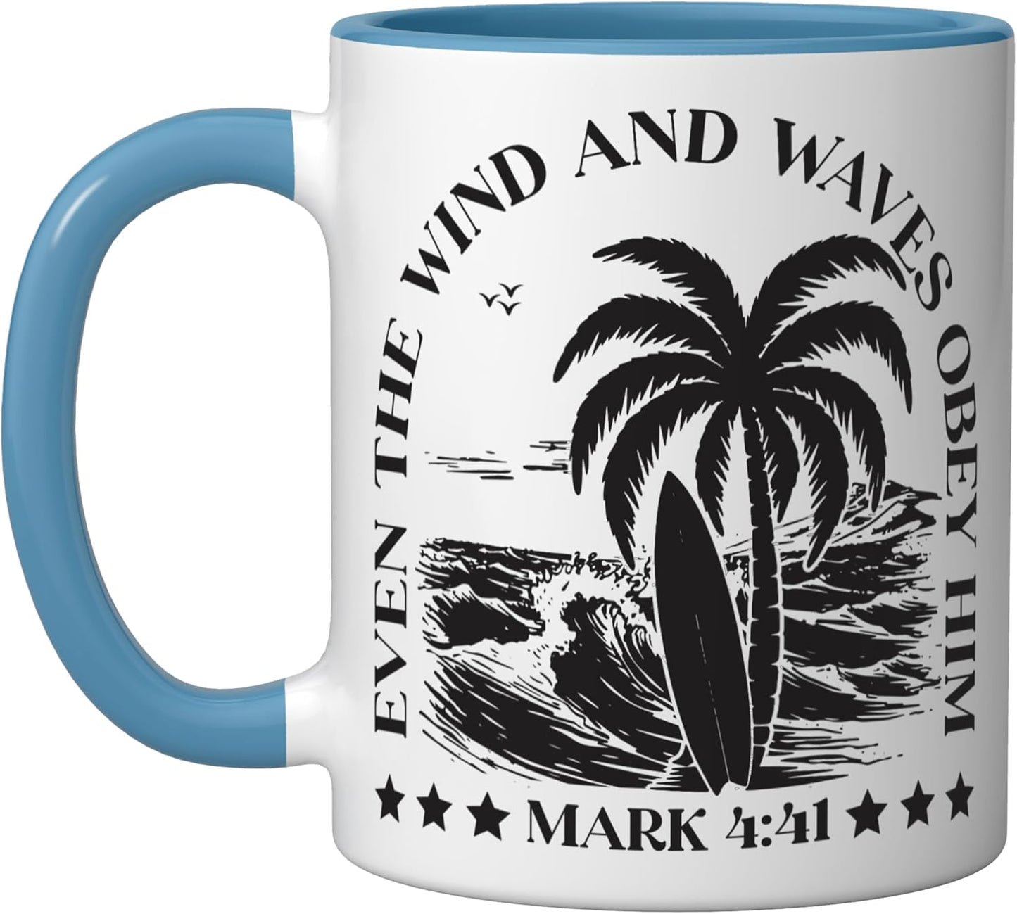 Taza cerámica cristiana Even the Wind azul/blanco