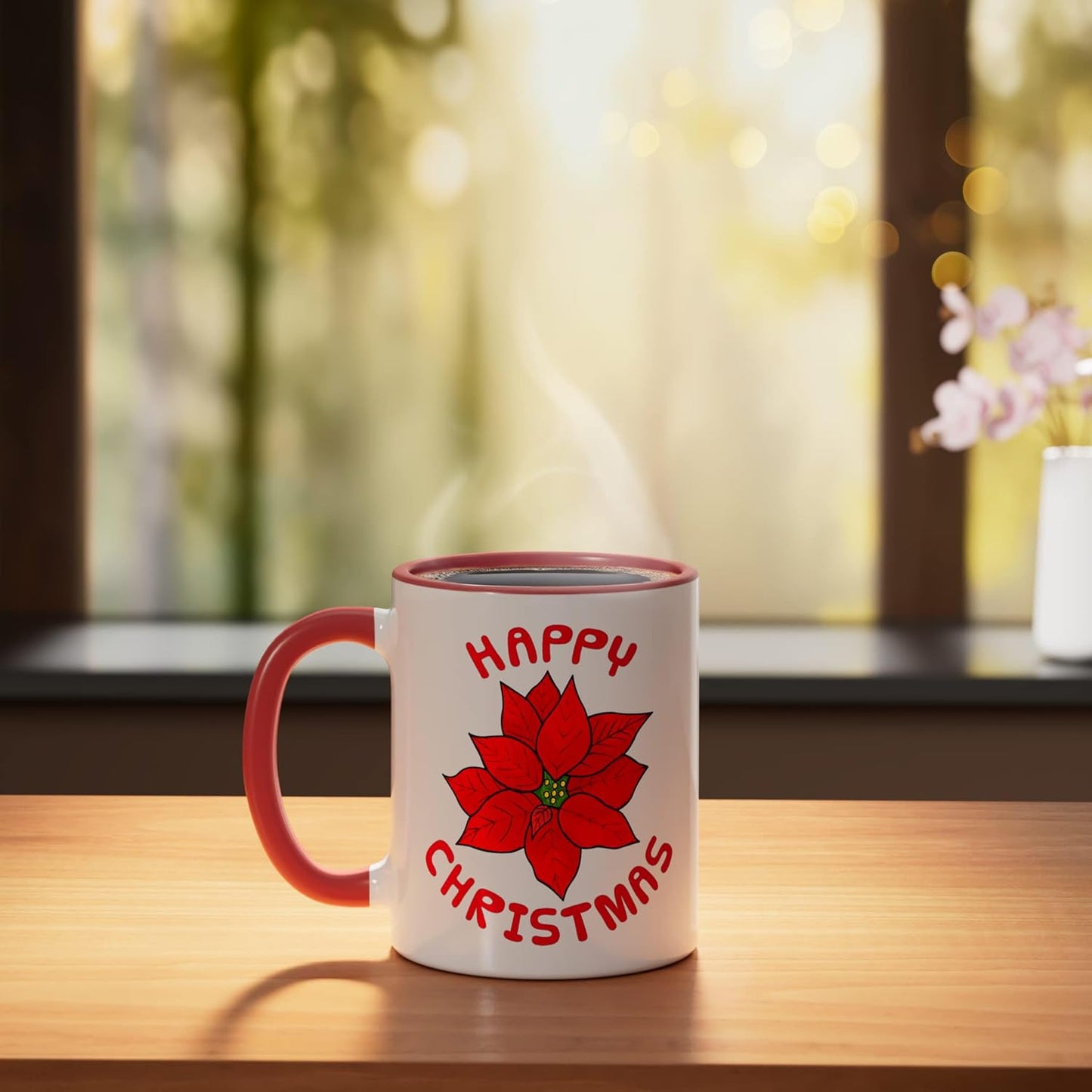 Taza Cerámica Navidad Flor Poinsettia Rojo/Blanco