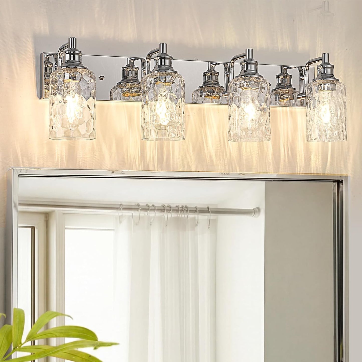 Lámpara baño sobre espejo 4 luces vidrio martillado cromado