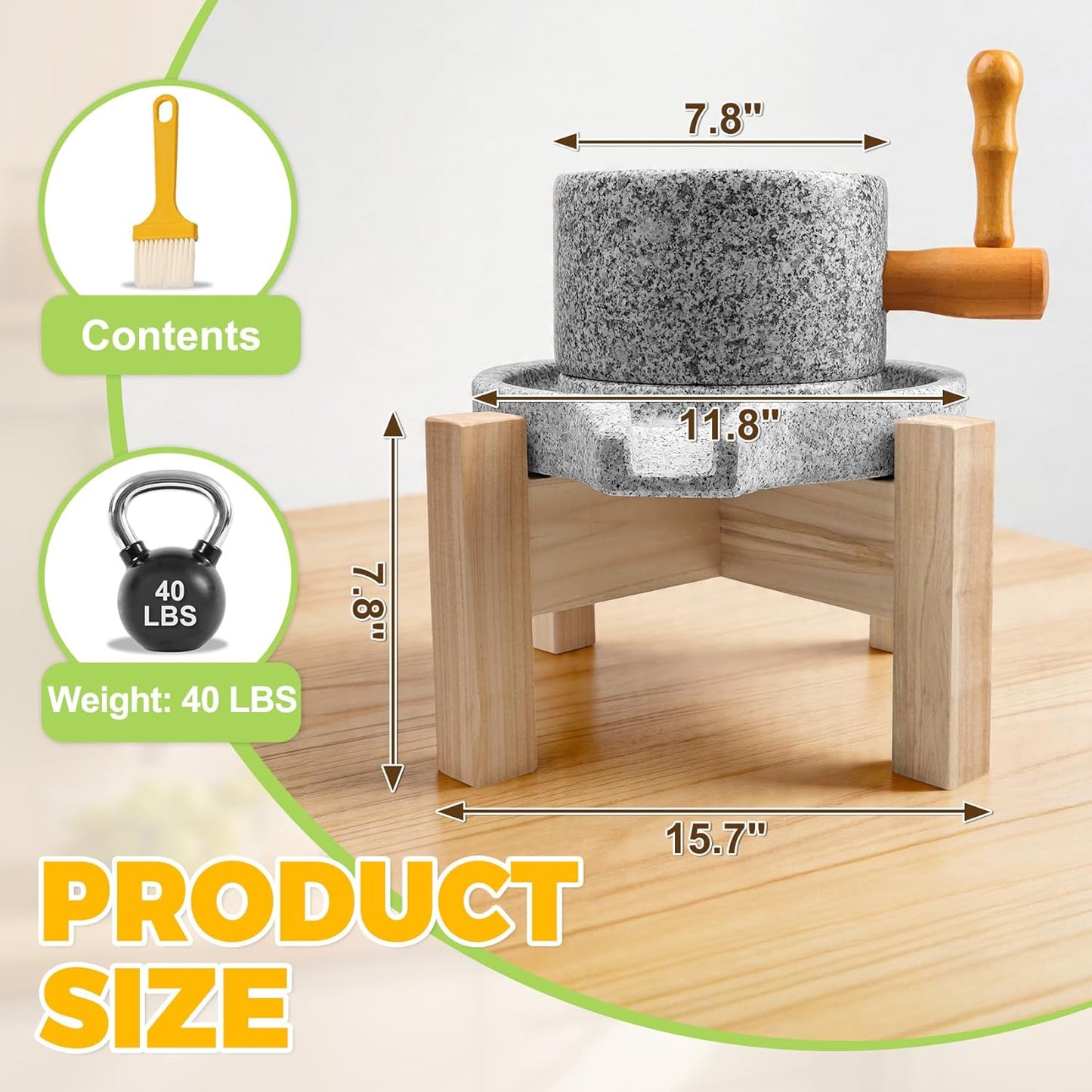 Molinillo de grano de piedra natural con base de madera y mango duradero