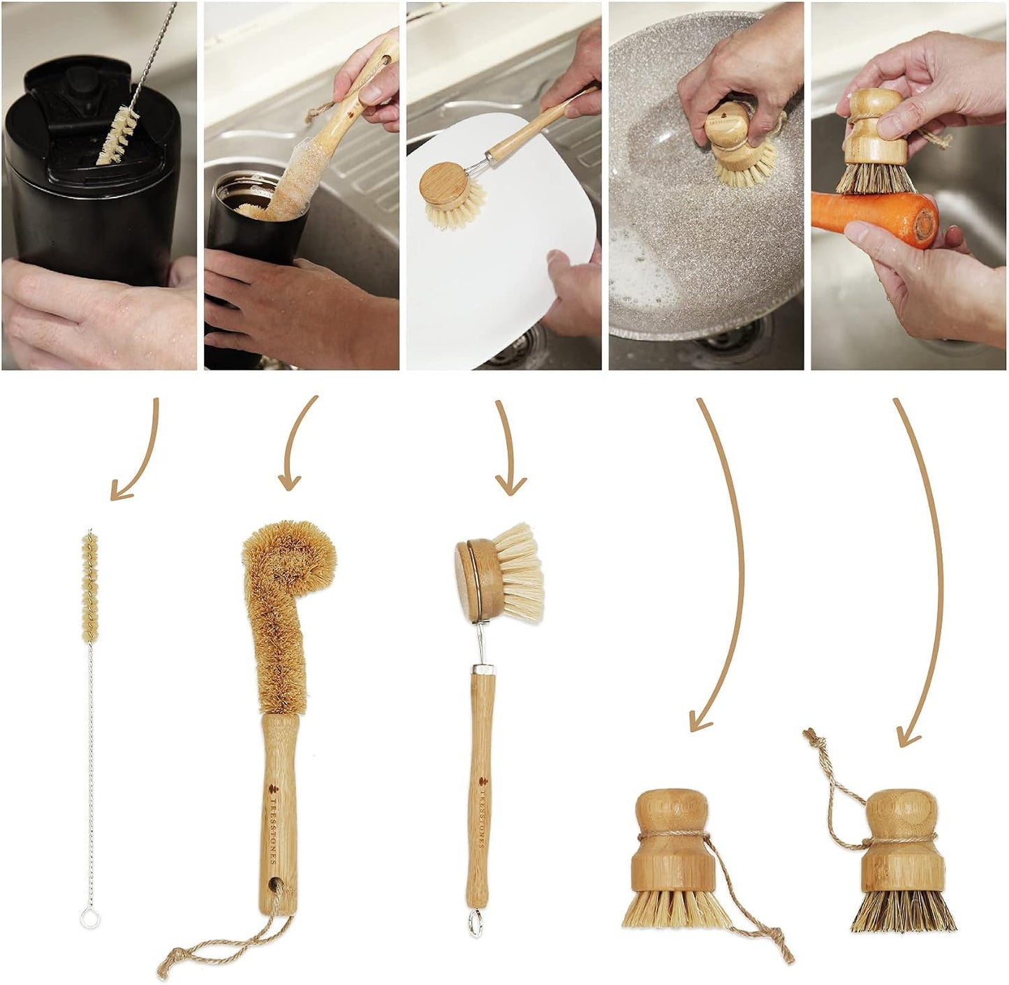 Set cepillos bambú natural con soporte para platos