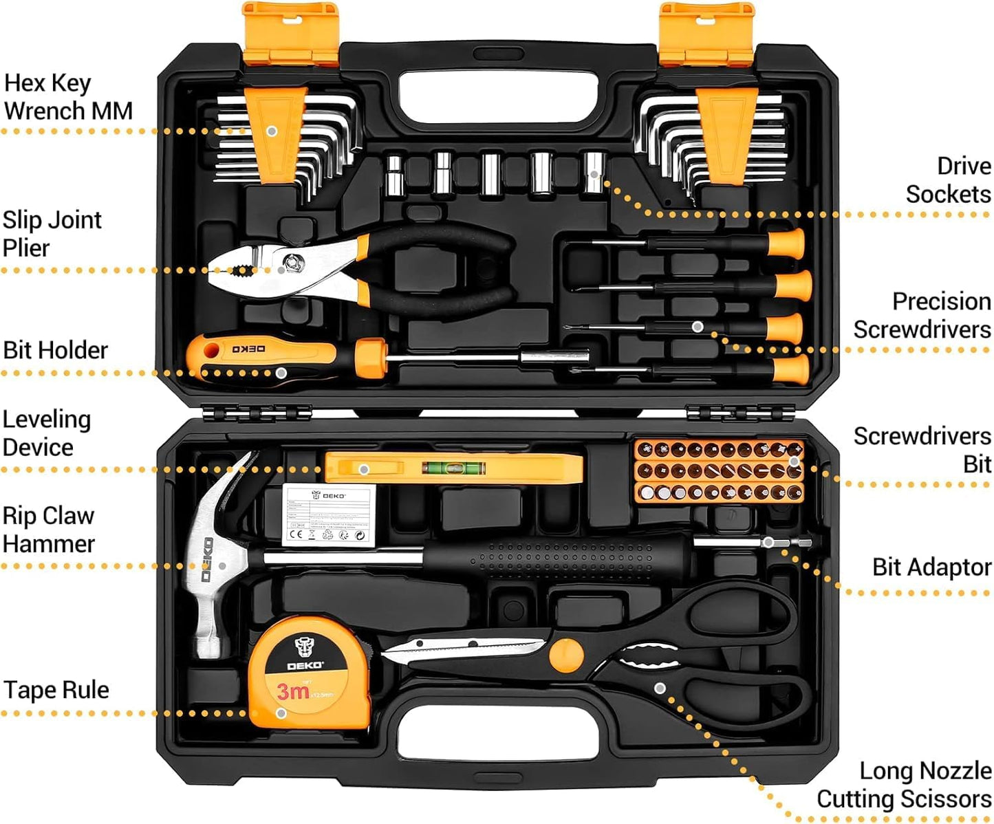 Set 62 Pzas Kit Herramientas Básicas Hogar con Caja Plástico