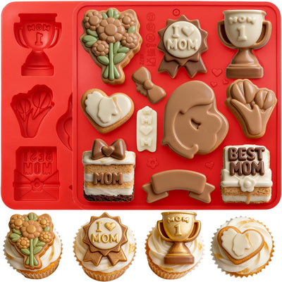 Moldes de silicona antiadherentes para hornear dulces Día de la Madre con Best Mom, trofeo, ramo de flores y corazón