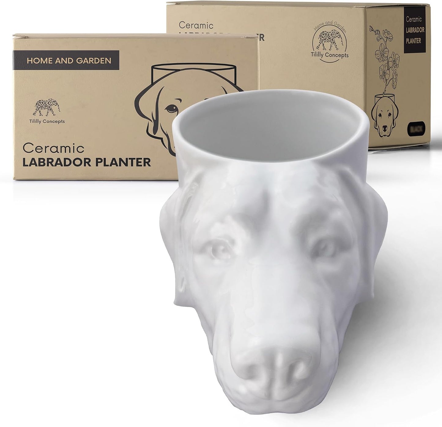 Maceta cerámica perro Labrador con drenaje amarillo negro