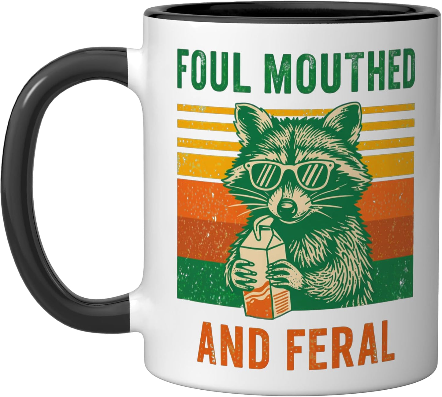 Taza cerámica de raccoon malhablado y feral negra/blanca