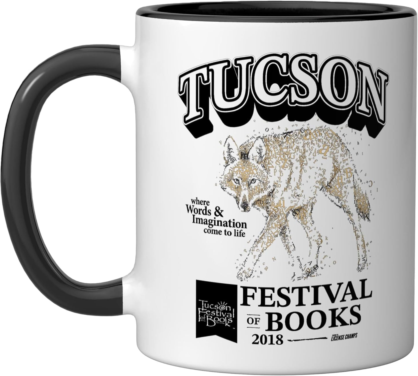 Taza cerámica TFOB 2018 con mascota coyote negro/blanco