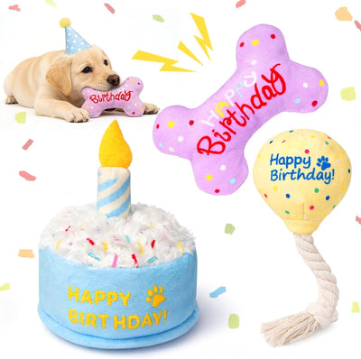 Juego 3 juguetes perros pastel arrugado globo cuerda hueso