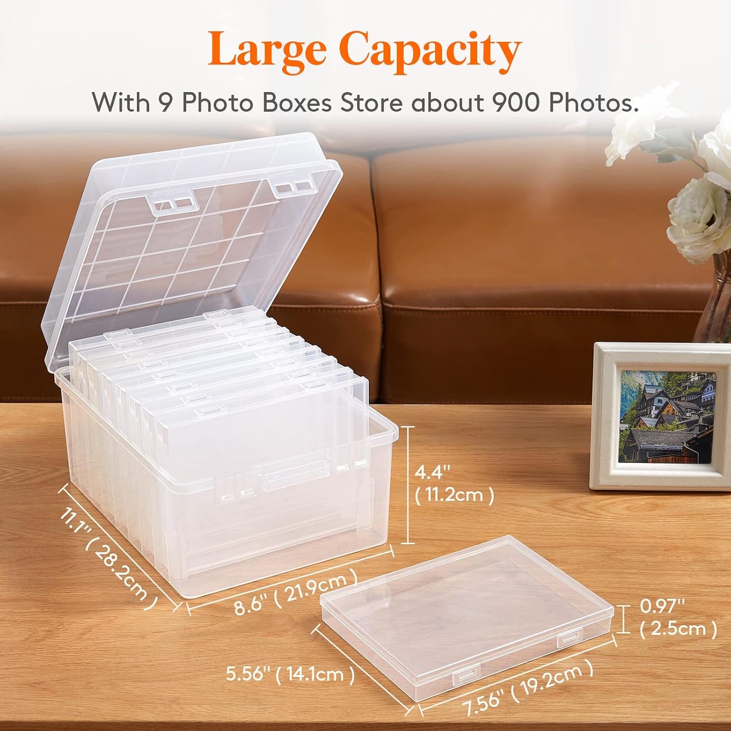 Caja fotos 5x7 con 9 contenedores transparentes