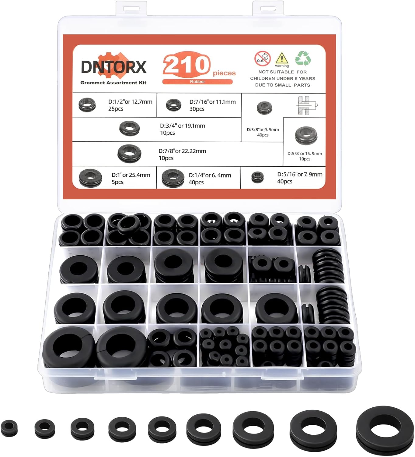 Kit 210 ojales goma surtidos para cableado y plomería