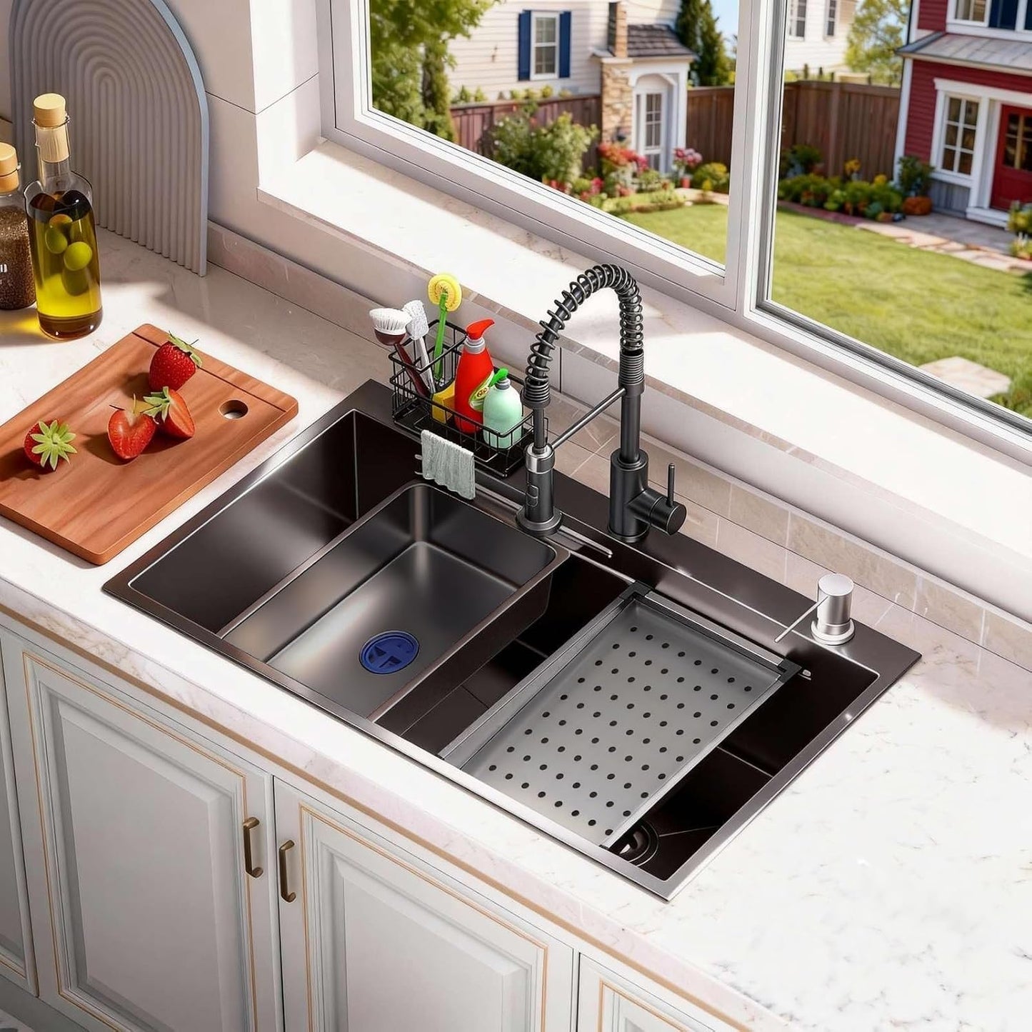 Fregadero cocina negro acero inox 32x19 profundo con grifo