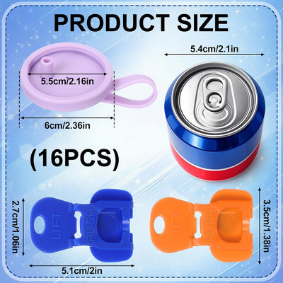 Paquete de 16 abrelatas de soda con tapa de silicona y pajilla reutilizable