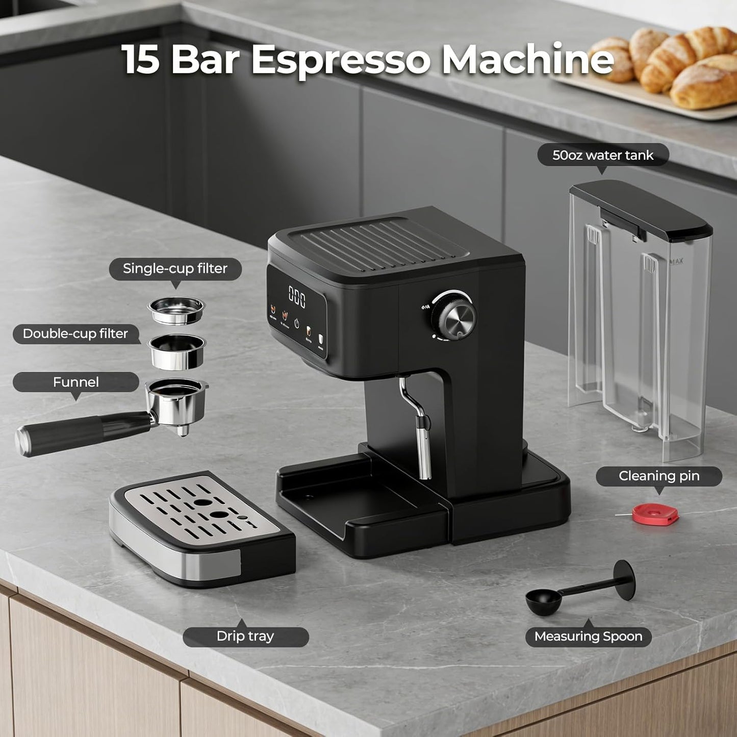 Cafetera Espresso Digital 15 Bar Espumador Leche Tanque 50oz