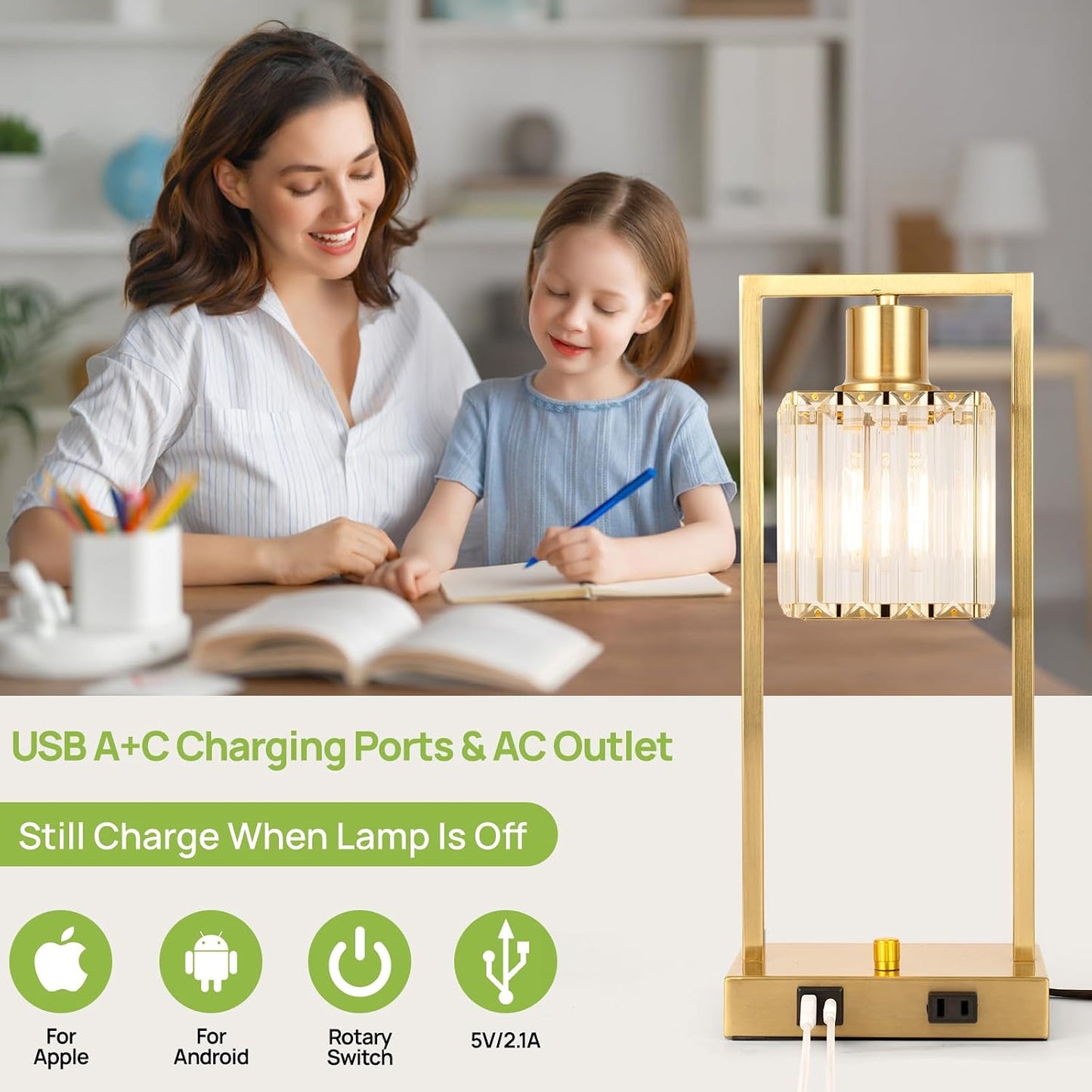 2 Pzas Lámpara Mesa Industrial con Puertos USB Dorada