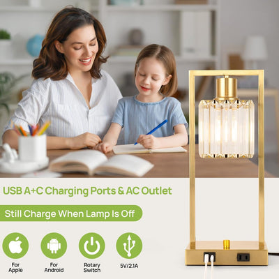 2 Pzas Lámpara Mesa Industrial con Puertos USB Dorada