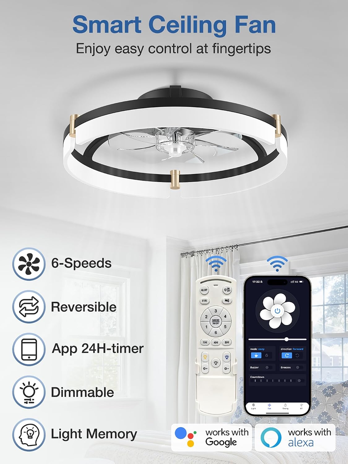 Ventilador techo inteligente 20pulg luces control Alexa