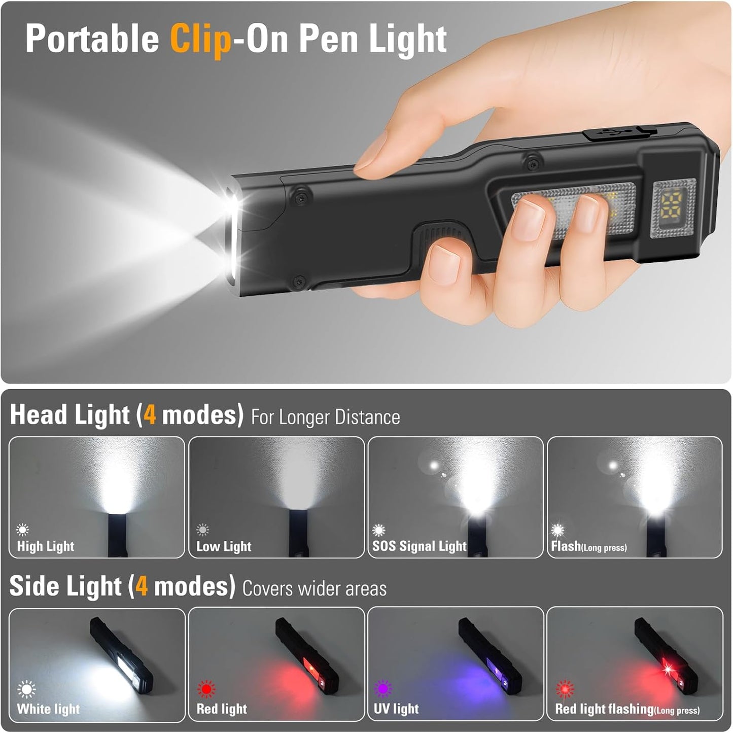 Linterna EDC recargable USB-C con luz UV y roja modos SOS