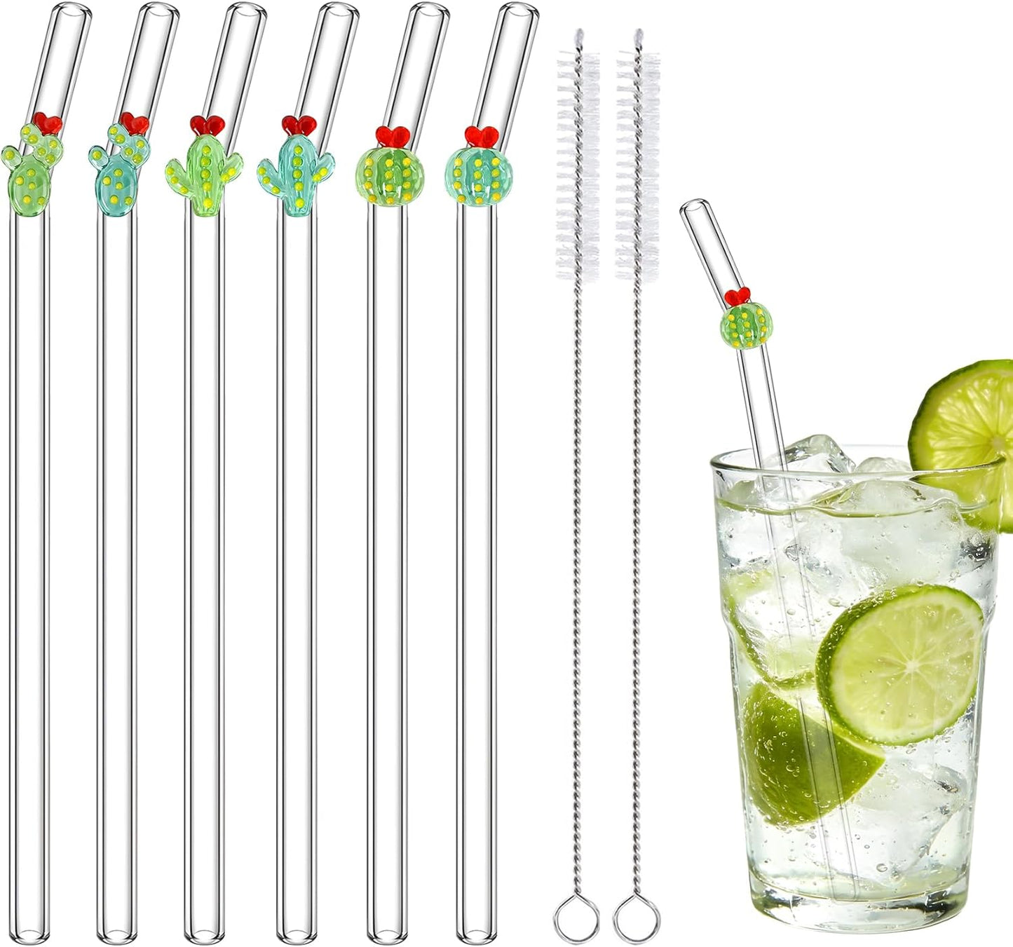 6 Pajas Vidrio Reutilizables Cactus Colorido 7.9pulg con Cepillos