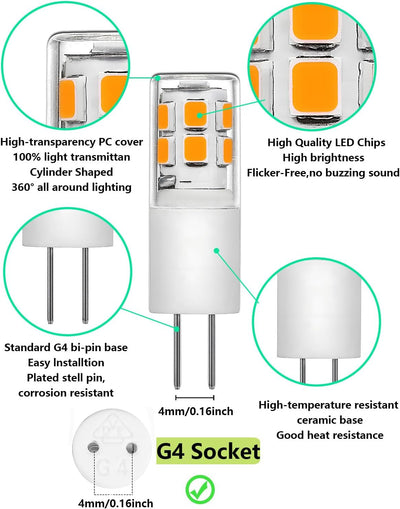 6 Pzas Bombillas LED G4 2W 2700K Blanco Cálido Base Bipines